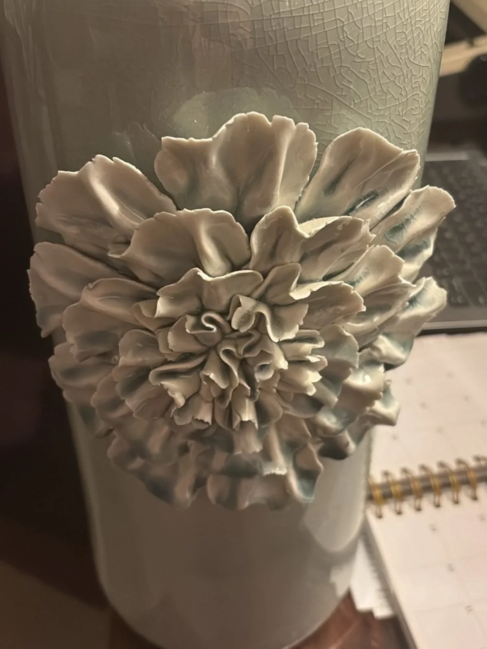 Decorative Ceramic Bottle Vase with Sculpted Flower crackle paint ,Pale Mint .